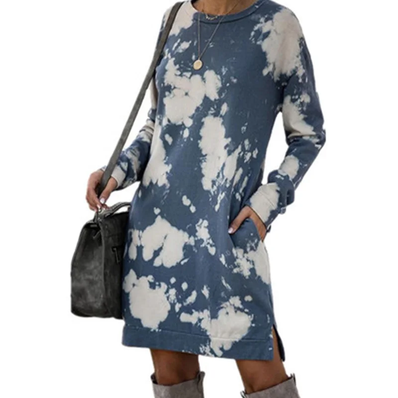 

2021 autumn winter hot-selling casual tie-dye printing gradient long-sleeved round neck irregular dress women