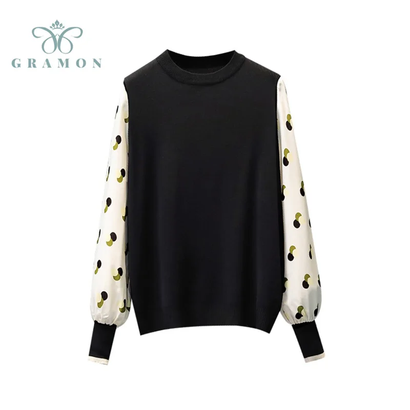 

Oversize Sweaters O-Neck For Women Plue Size Top Pullover Autumn Winter Dot Print Lantern Long Sleeve Splicing 2021 Female Black