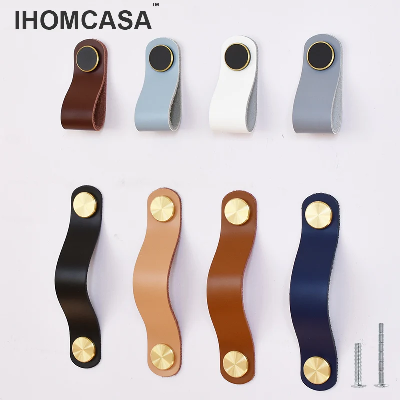 

IHOMCASA Nordic Rural Leather Furniture Handle Wardrobe Drawer Pulls Cupboard Brass Shoe Cabinet Door Knob Gold Kitchen Hardware