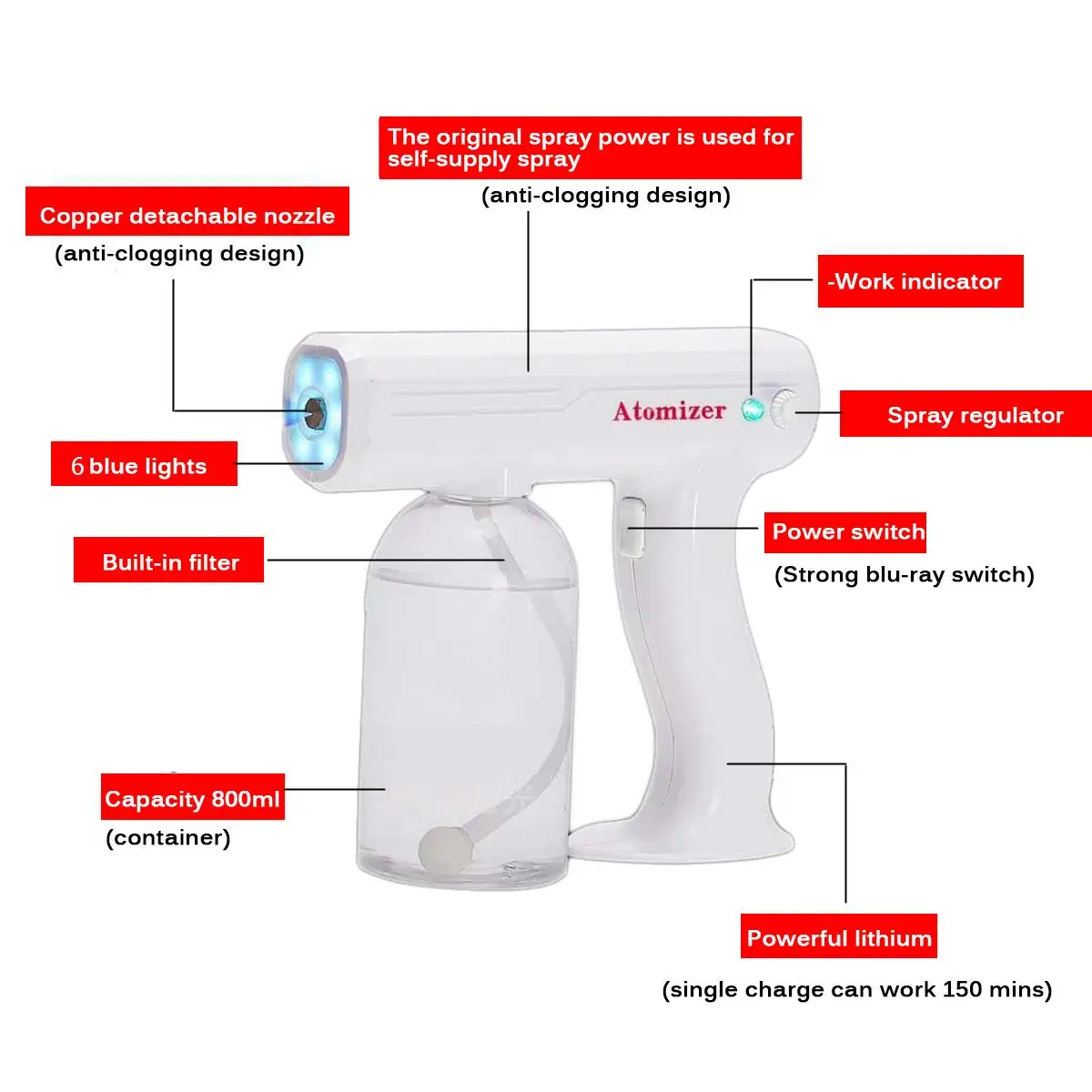 

110V/220V 1300W 800ML CE Household Portable Wireless Fogging Sprayer Blue Light Nano Steam Spray Gun Disinfection Machine