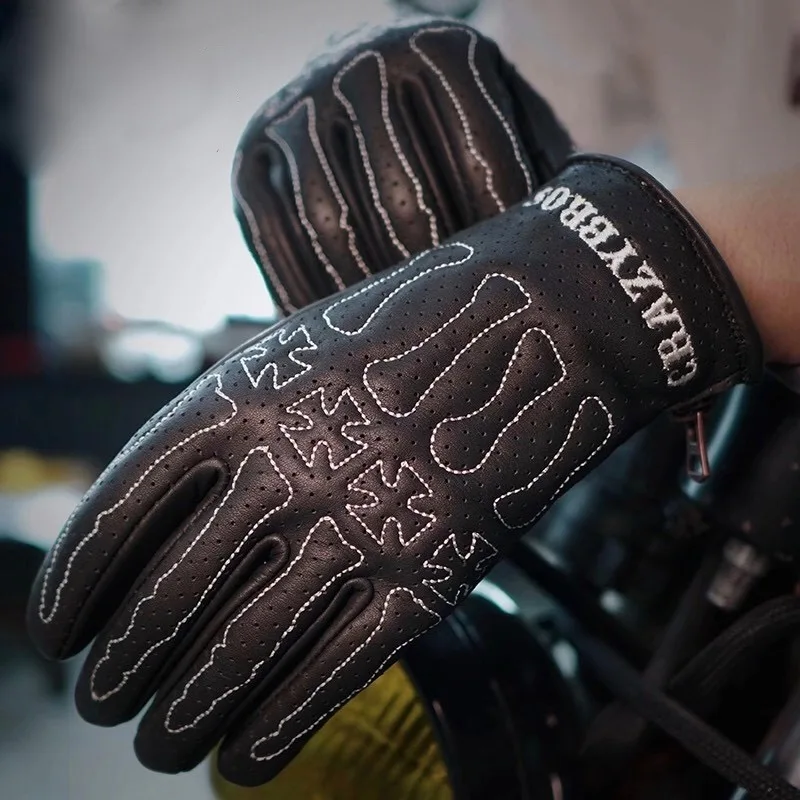

Men's Motorcycle Vintage Skeleton Finger Perforated Leather Glove Touchscreen Ke vlar Lined wear-resistant zippered closure