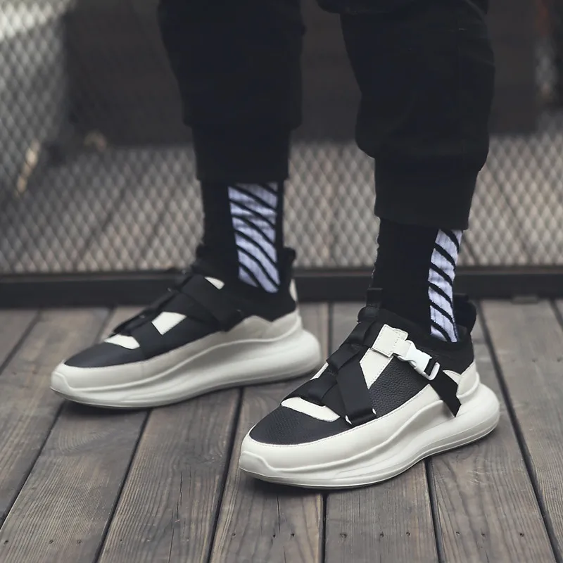 Street Style Slip On Platform Breathable Casual Shoes Men Summer Patchwork Height Increasing Chunky Sneakers Black Trainers |
