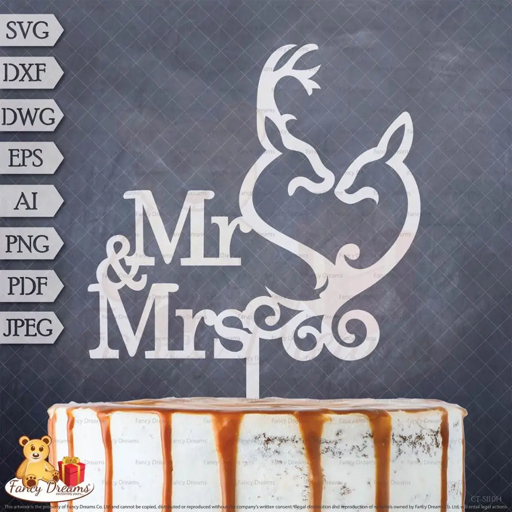Mr& Mrs свадьба+ олень-Лазерная Резка шаблон торт Топпер-SVG, DXF, DWG, Eps, ai, png, pdf, Jpeg-Мгновенная загрузка