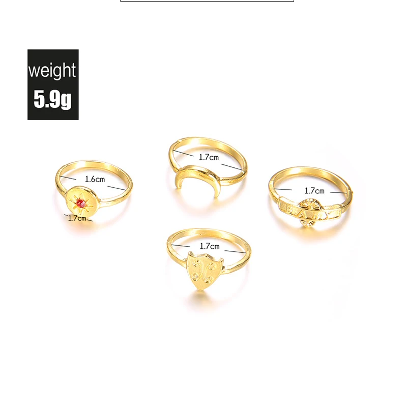 

New Jewelry Rings for Women Inlaid Red Dazzling Zircon Crescent Ring 4-piece Set Female Jewelry Accessories Wholesale Anillos