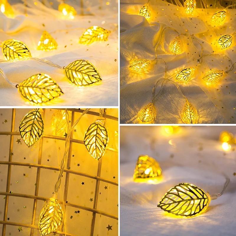 

Fairy Light String Metal Leaves Garland LED Light 6M 40LED Battery Hollow Three-dimensional Leaves Lamp Holiday Decor Lighting