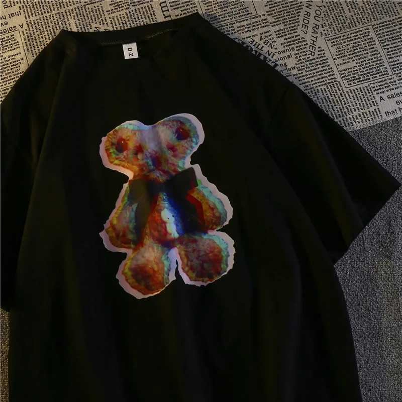 

Женская футболка с коротким рукавом и принтом медведя, свободная футболка большого размера с круглым вырезом в темном стиле, лето 2021