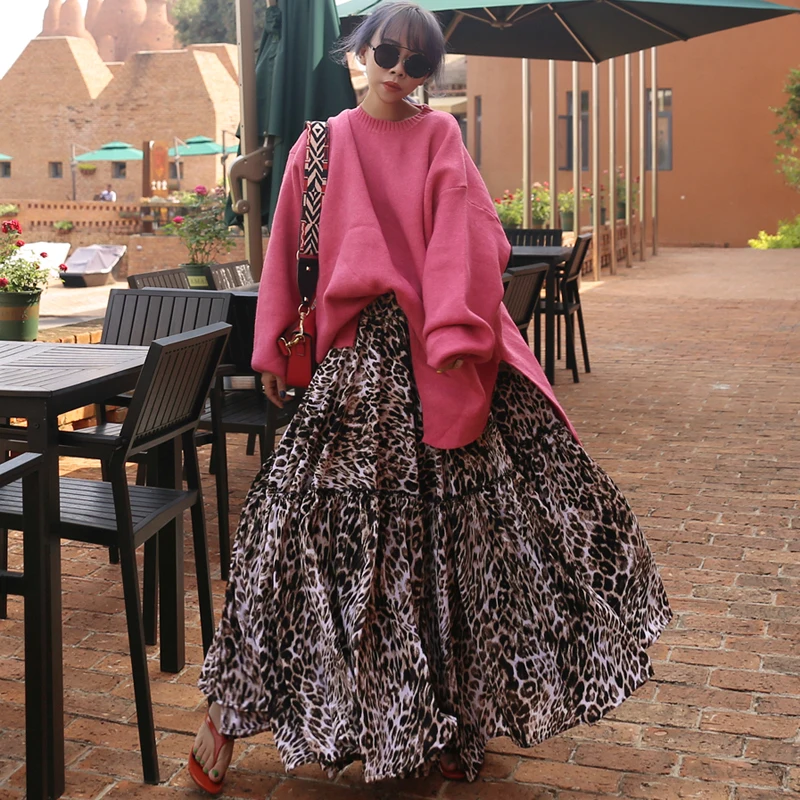 

Женская шифоновая юбка IHOBBY, длинная винтажная юбка с леопардовым принтом в виде листьев лотоса