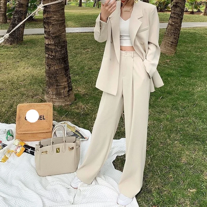 

Women Office White Suit Two-Piece Pantsuit Elegant Blazer Female Set Casual Loose Pants Jacket Work Clothes