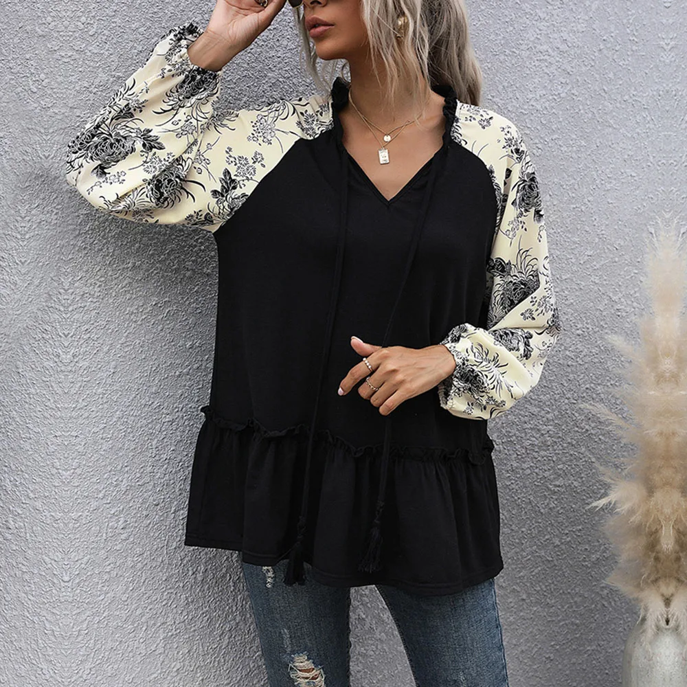 

Футболка в западном стиле, весна-осень, модная Свободная Повседневная простая дизайнерская распродажа, с принтом, с V-образным вырезом и дли...