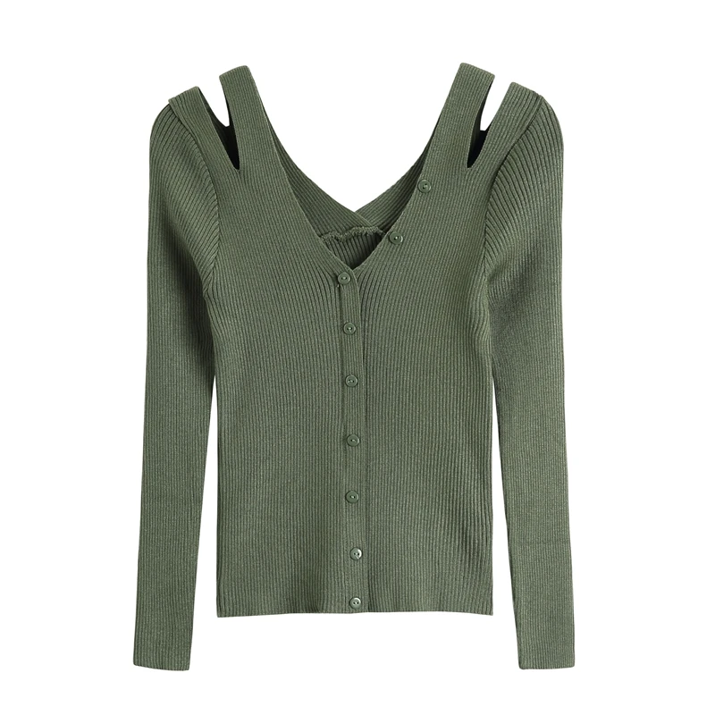 

Button V-neck Bottoming Shirt for Women Autumn and Winter 2020 New Soft Glutinous Wool Sweater Cold-Shoulder Elegant Long Sleeve