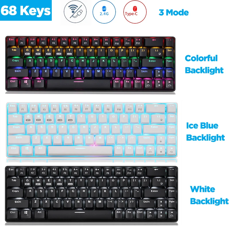 

Игровая механическая клавиатура, 68 клавиш, беспроводная, Bluetooth-Совместимость/2,4 ГГц/Проводная, 3 режима, Синяя подсветка переключателя для ПК...