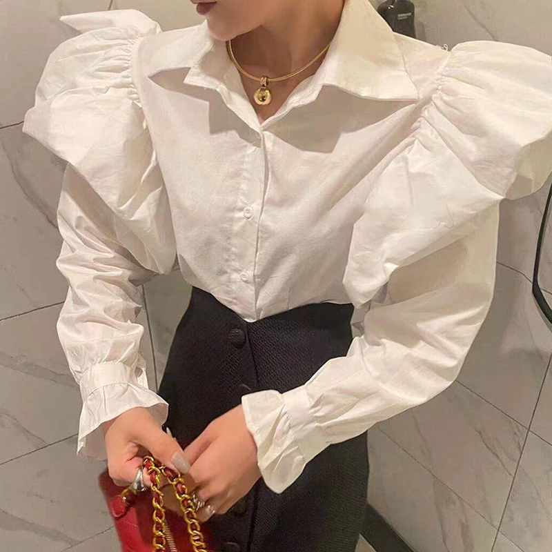

Korean Fashion Big Puff Long Sleeve Blouse Women White Elegant Shirts Office Button Up Shirt New Loose Top Female Clothing 18435