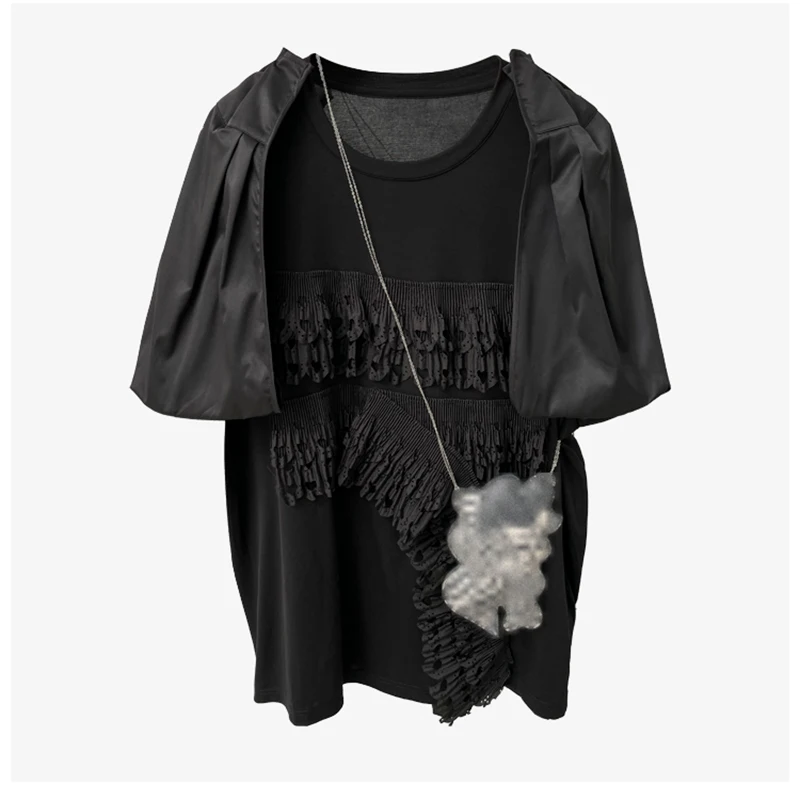 

GALCAUR Plain Frill Trim Fold Pleated Korean Fashion T Shirt For Women Round Neck Short Sleeve Loose T Shirts Summer New Clothes