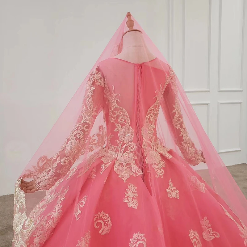 

HTL1260 evening dress long sleeve o-neck applique sequins pattern lace up back pink prom dress veil vestidos de fiesta de noche