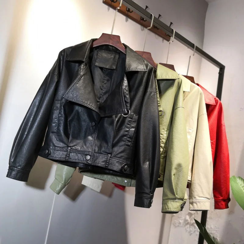 

Punk Loose Casual All-Match Moto Biker Leather Women's Jacket Balzer Single Breasted Crop Tops 2020 Long Sleeve Female Streewear