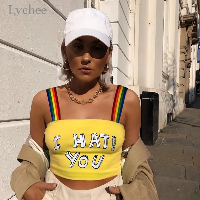 Lychee Harajuku Радужный Полосатый ремень с буквенным принтом женская майка с цветным блоком с открытыми плечами женская летняя майка Женская майка