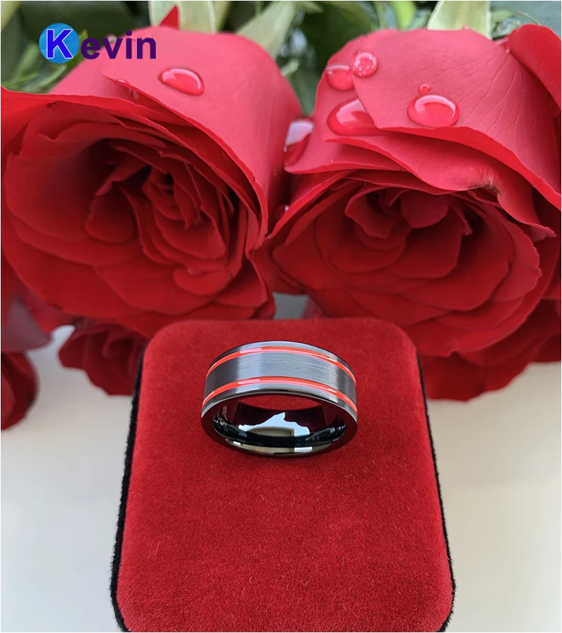 

Men Women Wedding Bands Tungsten Ring Black Red Color Flat Band 8MM