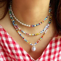 boho handmade rice bead necklace letter imitation pearl choker clavicular chain colorful female beach collier femme jewelry