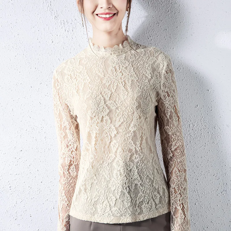 

European lace base dress women's spring dress 2019 spring new style with long sleeve blouse women's stand collar foreign style