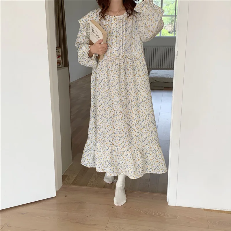 

autumn winter floral print long sleeve women nightshirts loose ruffles home clothes outwear cotton nightgown night dress L699