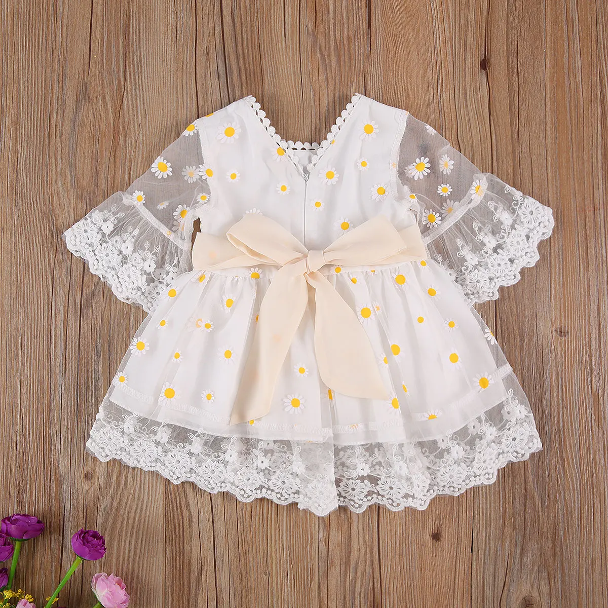 

2020 Baby Girls Daisy Print Dress with Waist Band Flare Sleeve O-neck Lace Dress Children Cute Outfits 6M-5Y