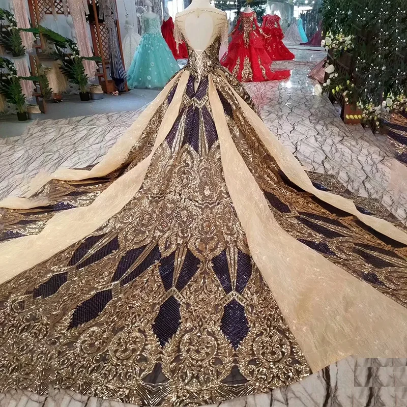 LS11080 Luxury Long Evening Dress 2020 For Women Occasion Gowns O-Neck Crystal Short Sleeves Golden Lace