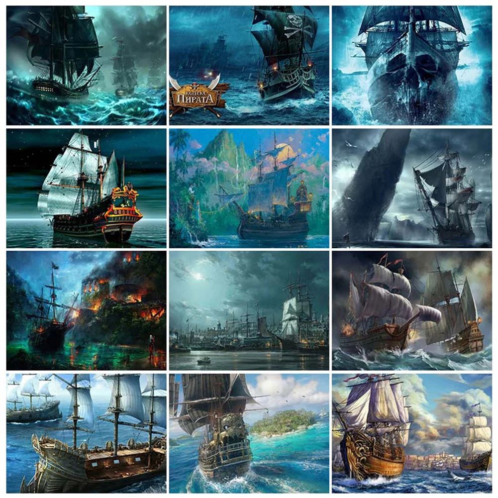 5D DIY Diamond Art Wall Paintings Sailboat Landscape Full Round Diamond Mosaic Cross Stitch Kits Home Decoration Embroidery Gift