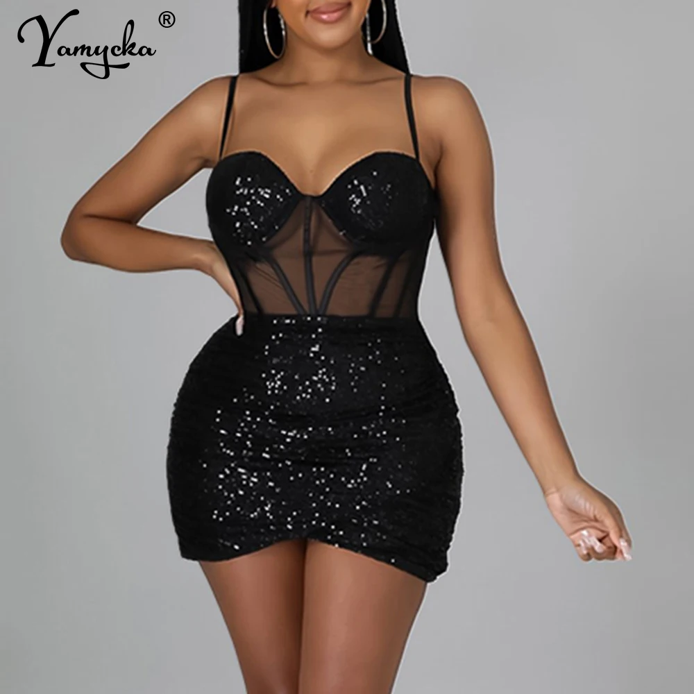 

Сексуальное прозрачное черное мини-платье с блестками, летнее женское облегающее винтажное женское Клубное платье на день рождения, вечерние платья, платья