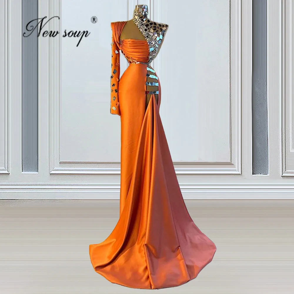 

Elegant Orange Formal Evening Dresses 2021 Bead Abendkleider Long Sleeve Prom Dress Moroccan Kaftans Party Gowns Robes De Soiree