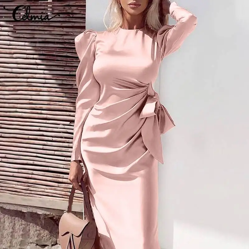 

Celmia Asymmetric Satin Evening Robes 2022 Fashion Party Elegant Gigot Sleeve Midi Dress Hem Slit Women Bodycon Bandage Vestidos