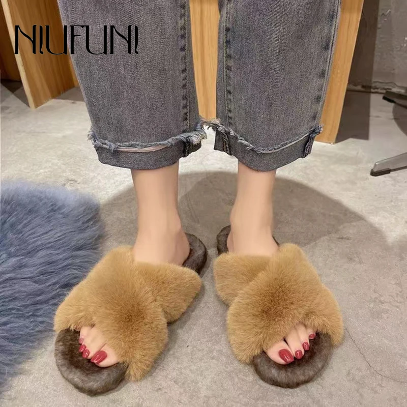 

Mixed Color Rabbit Fur Slippers Outer Wear Home Warm Wool Muller Open Toe Slip-On Simple Slides Shoes Flat Casual Women's Shoes