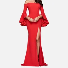 Maxivestido con cuello de barco para mujer, prenda elegante de manga larga con abertura, Color sólido, falda Falbala (4)