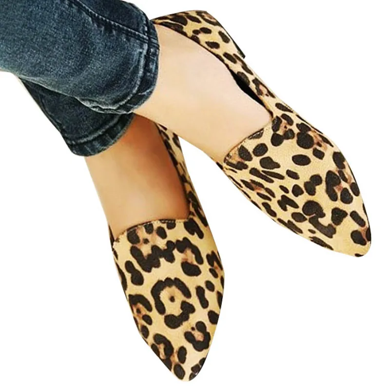 

Plus Size 34-43 leopard print loafer shoes women flat casual shoes pointed toe slip on soft comfortable ladies Mules shoes brown