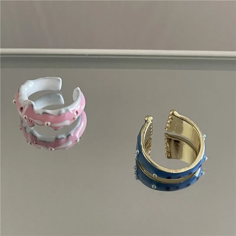 

LOVOACC 2 Styles Enamel Pink Small Spark Rhinestone Pearl Open Rings for Women Blue Color Chunky Metallic Rings Accessories