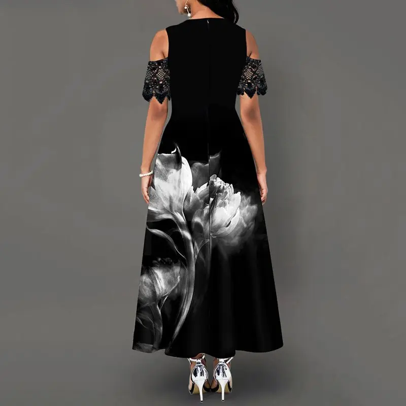 

Off-Shoulder Floral Printed Ankle-Length Maxi Dress Fashion Long Black Dresses Elegant Retro Party Lady Vestidos 2019