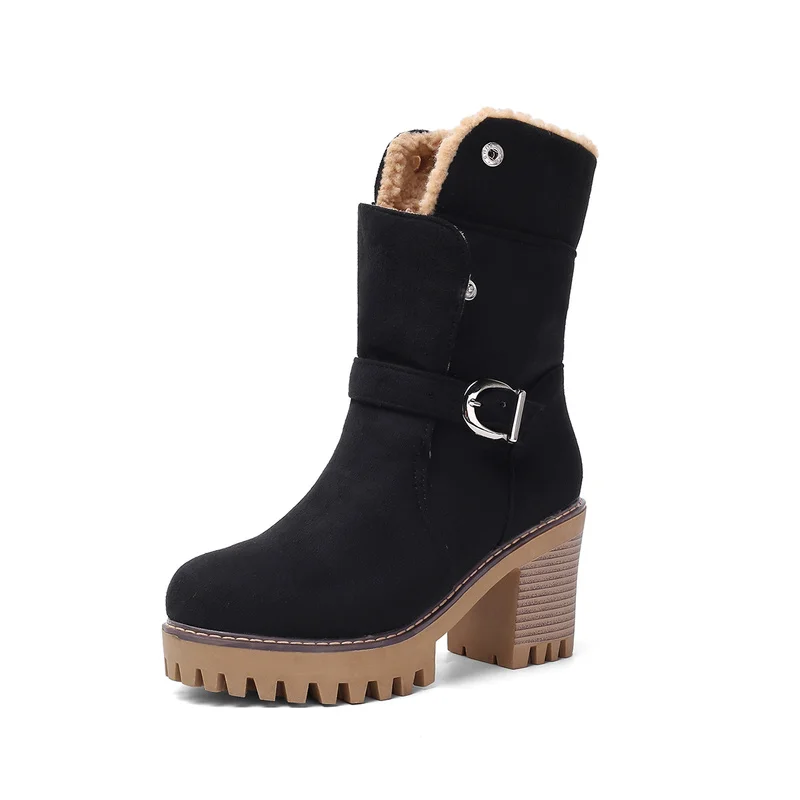 

Shoes Women Flock Ankle Boots Warm Autumn Winter Shoes Solid color High Heel non-slip Martin casual Metal belt buckle snow Boots