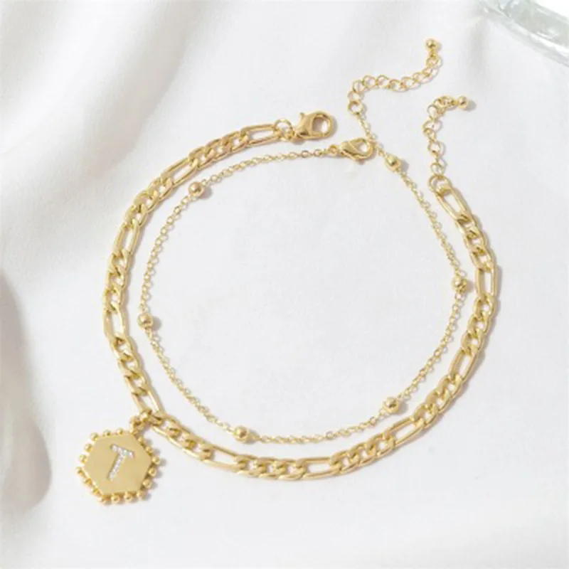 

Bohemian Initial Letter Anklets Adjustable Multilayer Gold Ankle Bracelet for Women Rhinestone Copper Beach Fashion Foot Jewelry