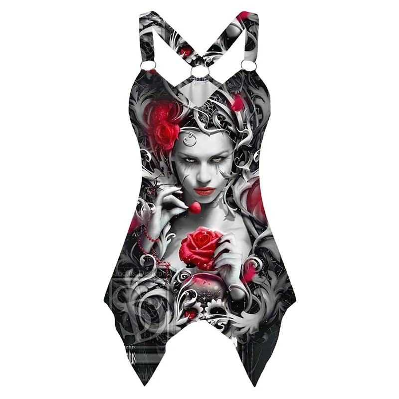 Plus Size 5XL Goth Y2k V-neck Sleeveless Graphic Skeleton Rose T Shirts for Women Summer Tank Top Tees Harajuku Tshirts Clothes