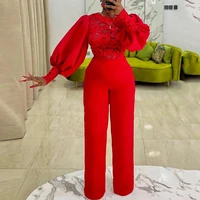 women jumpsuit long lantern sleeve red lace patchwork see through wide leg pants one piece christmas loose rompers party outfits