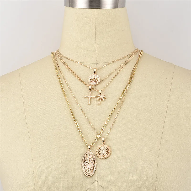 Винтажное многослойное ожерелье с подвеской Крест Христос Девы Марии