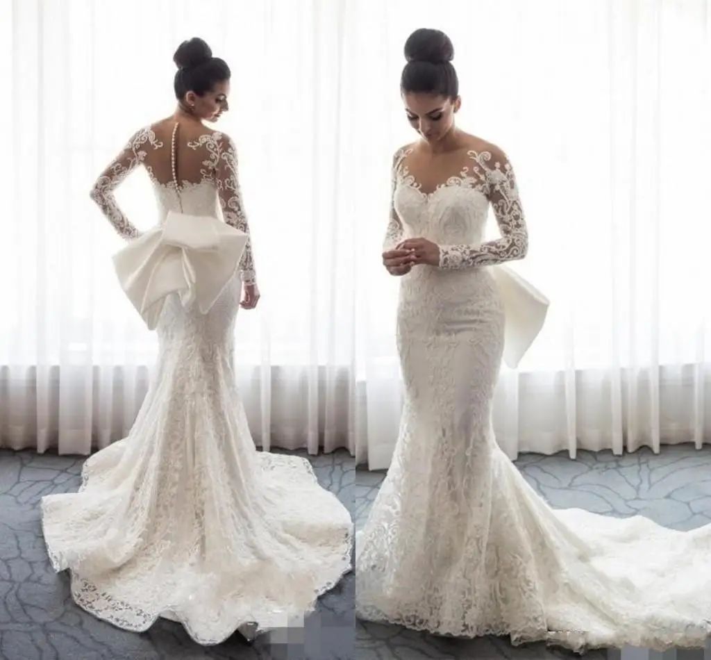 

Long Sleeves Wedding Dress Mermaid Lace Bridal Gowns Mopping Section Noble Princess