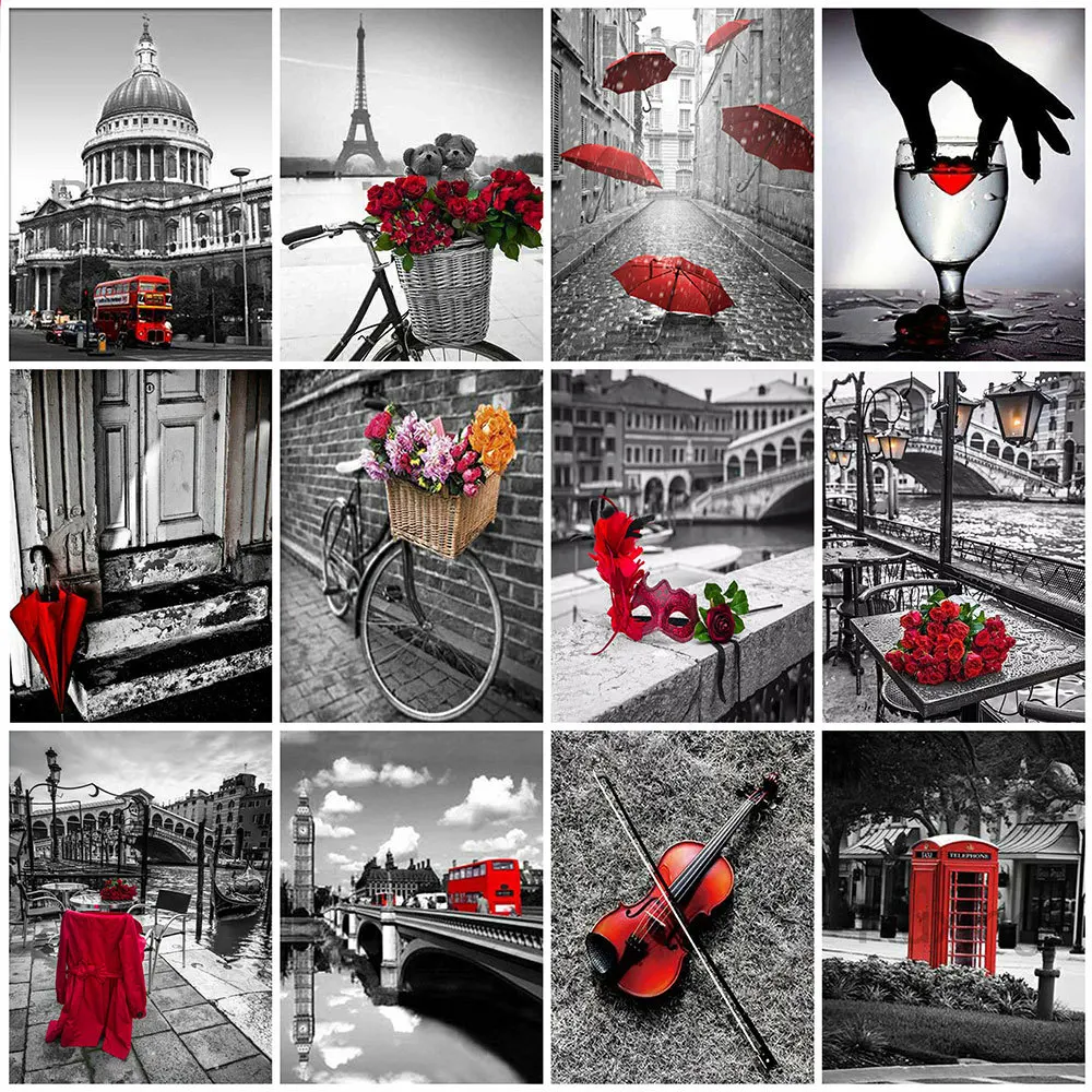 

Momoart Diamond Painting Landscape DIY Diamond Embroidery Black White Street Mosaic Picture Of Rhinestone Handicrafts Wall Decor