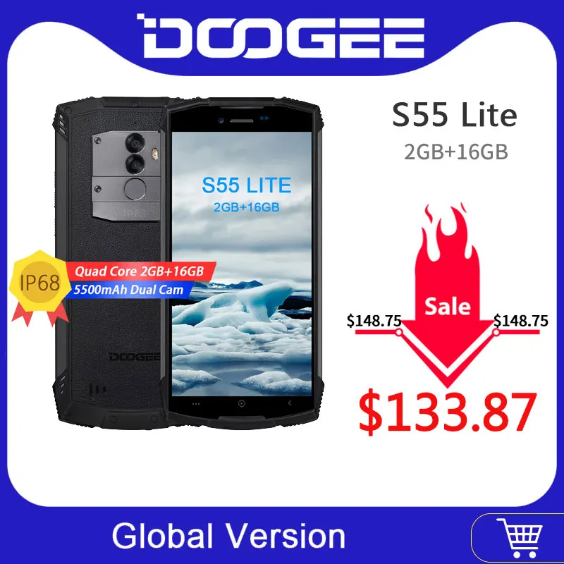 DOOGEE S55 Lite IP68 водонепроницаемый смартфон 2 Гб ОЗУ 16 Гб ПЗУ 5500 мАч 13,0 МП MTK6739 Dual SIM 4G VoLTE 5,5 дюймов Android 8,1