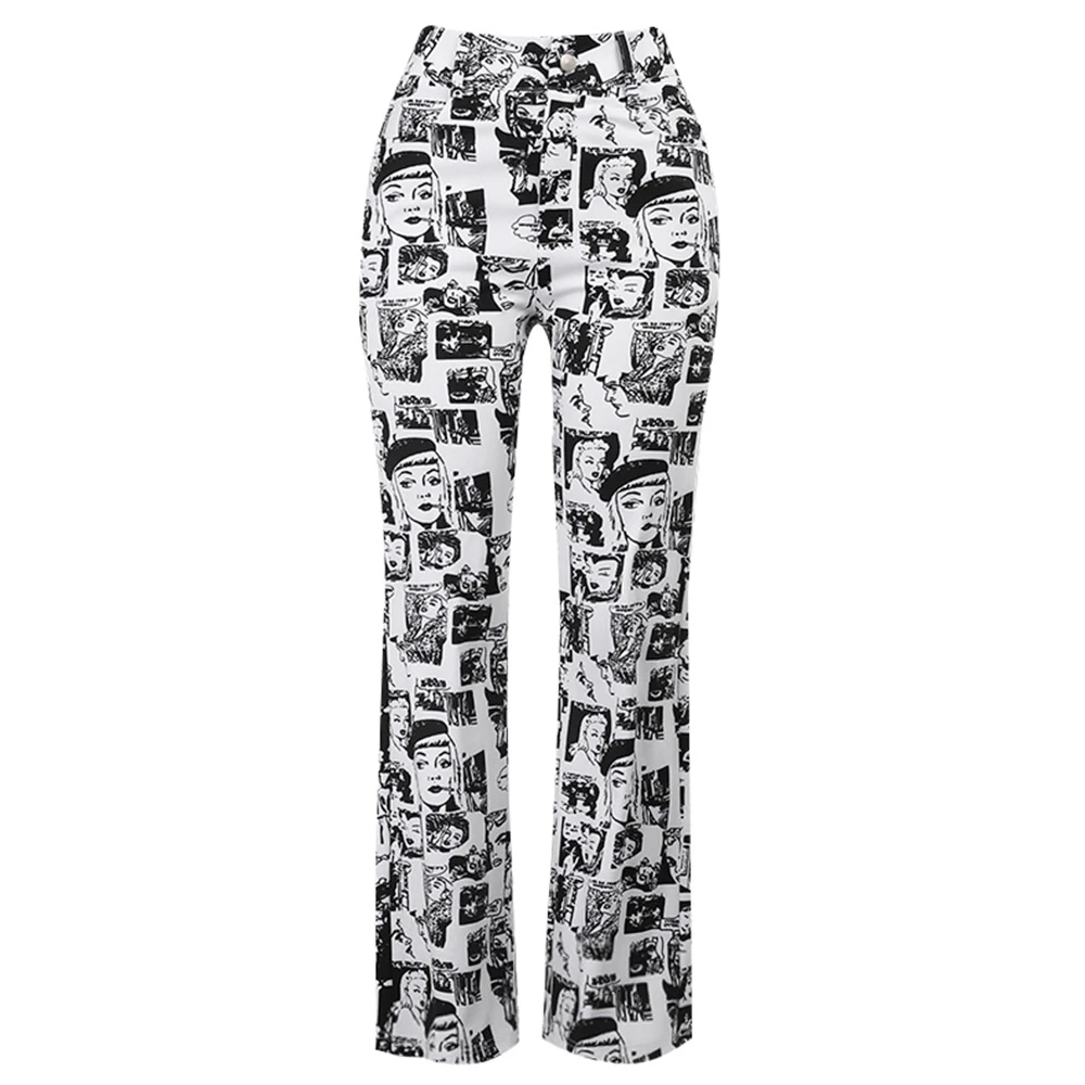 

Missme Comic Print Woman Pants Black And White Straight Pants High Waist Zipper Fly Loose Wide Leg Pants Streetwear