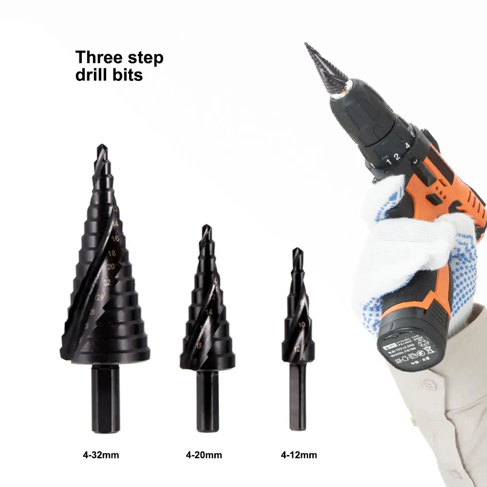 

3pc High Speed Steel Step Drill Bits Step Cone Cutting Tools Steel Woodworking Wood Metal Drilling Set For Durable And Efficient