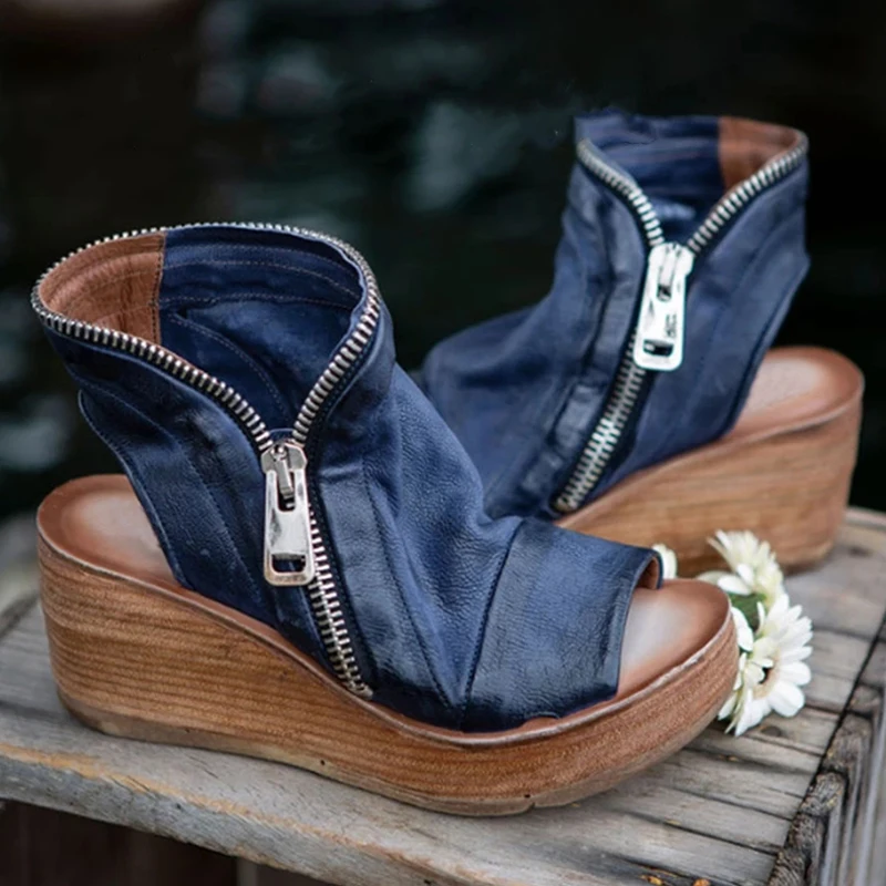 

Women Sandals Shoes Summer Bottom women shoes Ladies Sandals Retro Peep Toe Platform Sandals PU Leather Zipper Thick