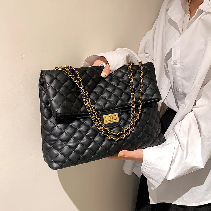 

2021 Winter Trends Shoulder Handbags Good Quality PU Leather Lingge Classic Designer Women's Chain Big Flap Crossbody Bag