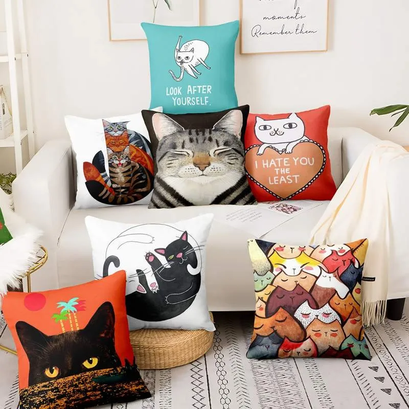 Cats Story Painting Print Pillowcase Home Pillow Decoration Cushion Decorative Pillows Home Decor Sofa Throw Pillows 17*17inch