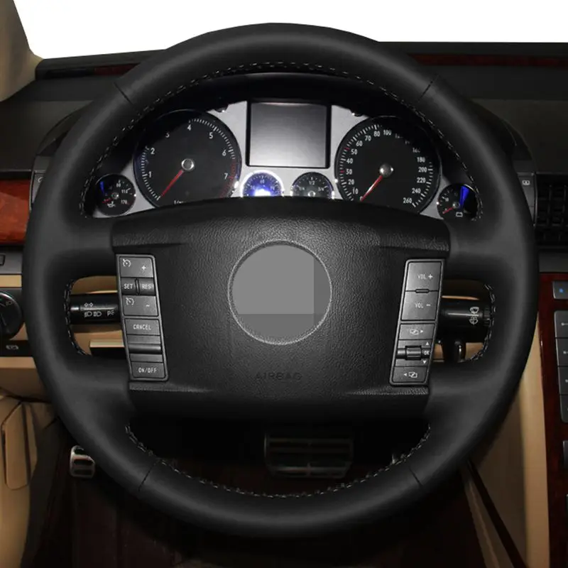 

For Volkswagen VW Touareg Phaeton 2002-2006 2007 2008 2009 2010 Black Hand-Sew Genuine Leather Steering Wheel Cover