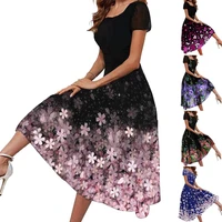 dropshipping lady dress colorful floral print short sleeve square neck party dress for summer